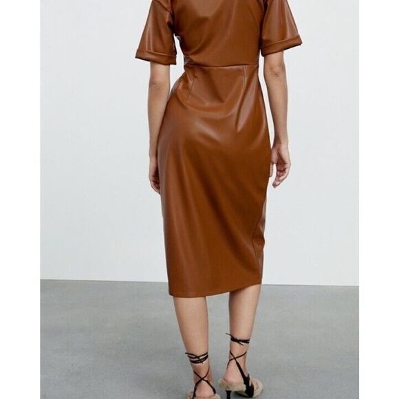 NWOT ZARA FAUX LEATHER SHIRT DRESS MIDI BROWN MEDIUM - Picture 4 of 13